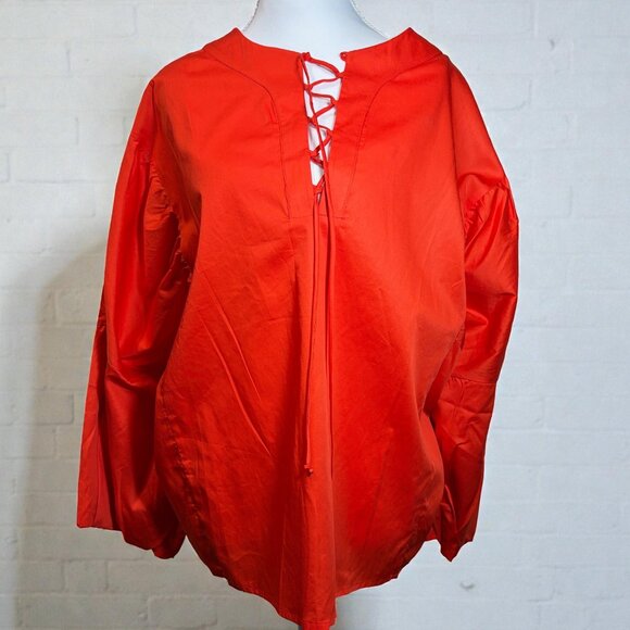 Harshman Tops - Harshman Joelle Blouse 3X Coral Red 100% Cotton Lace Up V-Neck Boho Chic Coastal
